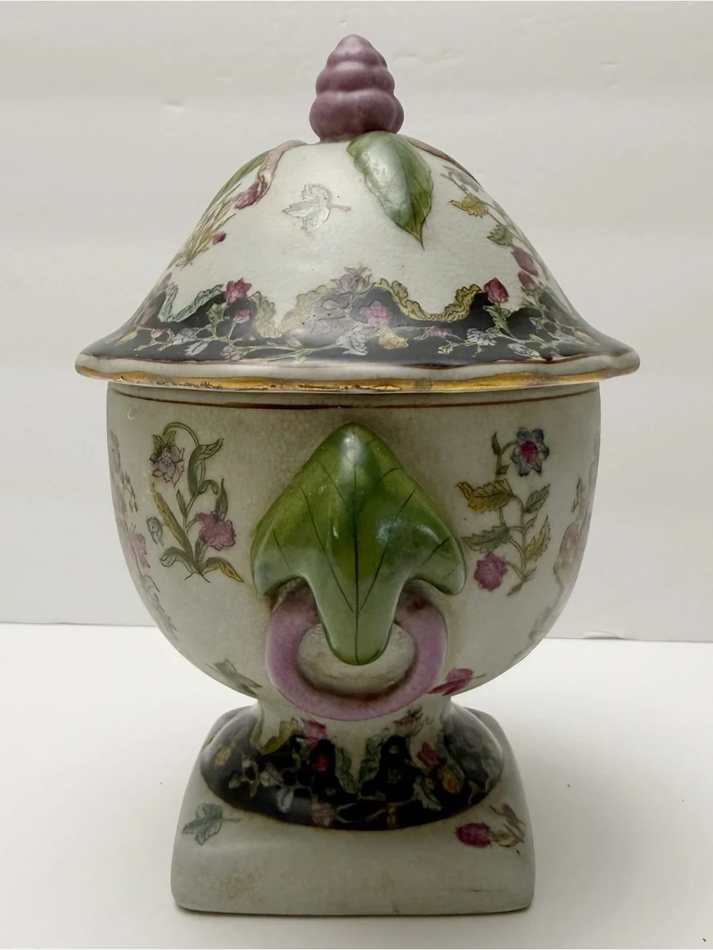 Vintage Chinese Floral Porcelain Lidded Pedestal Footed Small Urn Crackle Finish